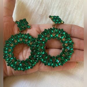 Vintage Large Earrings with Green Rhinestones Dangle‎ Wreath Holidays